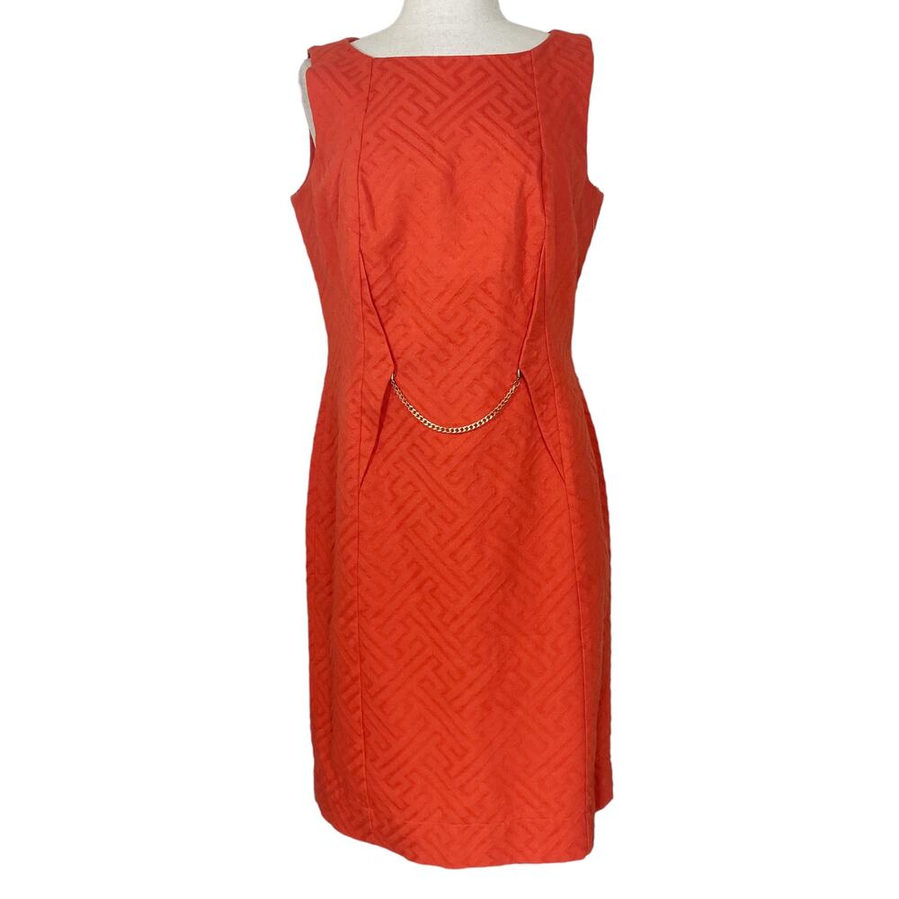Taylor orange sheath dress with gold waist chain ladies size 8 geometric brocade